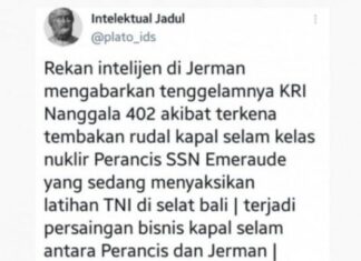 Netizen klaim penyebab KRI Nanggala 402 tenggelam karena diserang kapal selam Prancis. (Twitter Plato_ids)